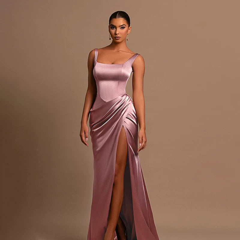 Jaghds | Square Neck Suspender Maxi Dress with Back Detail and Side Slit