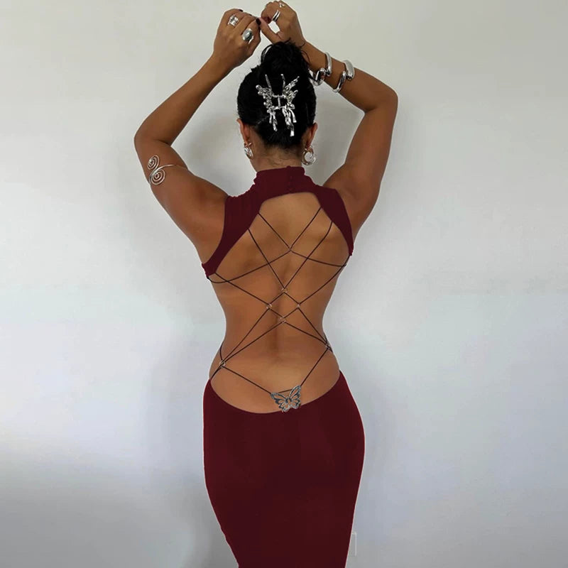 Jaghds | European and American Metal Butterfly Hollow Backless Dress with Slit Long Skirt
