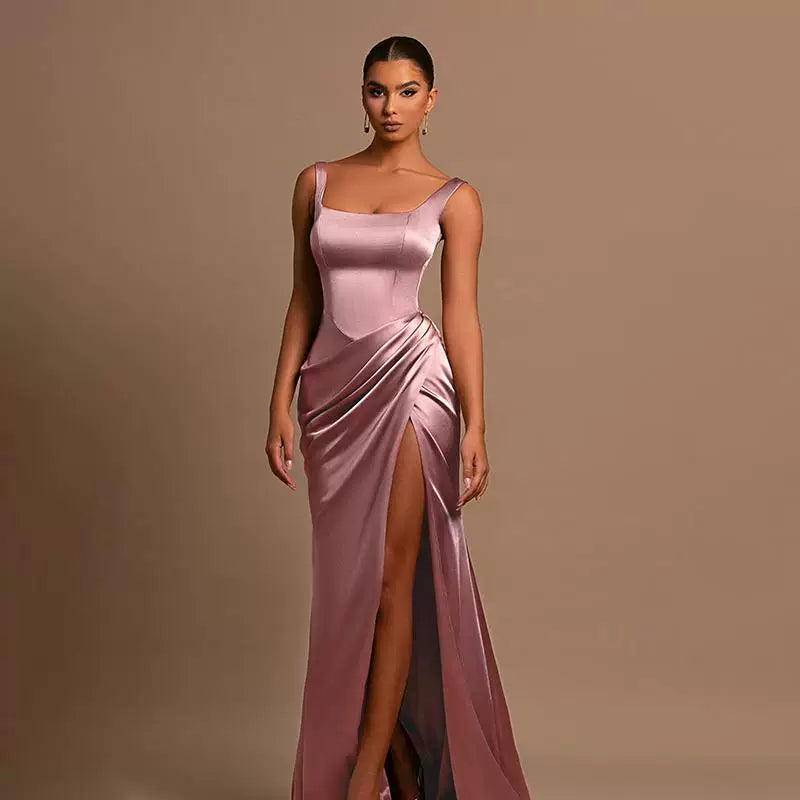 Jaghds | Square Neck Suspender Maxi Dress with Back Detail and Side Slit