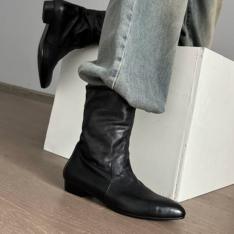 Jaghds | Pleated Pointed Toe Mid-Calf Boots for Women, Chunky Heel Autumn Winter Style