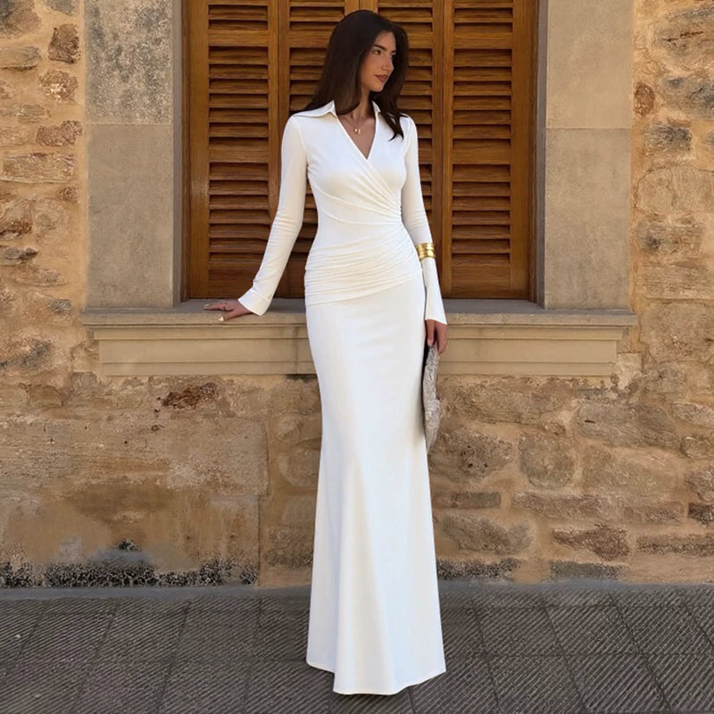 Jaghds | Cross V-Neck Pleated Long Sleeve Maxi Dress with High Waist