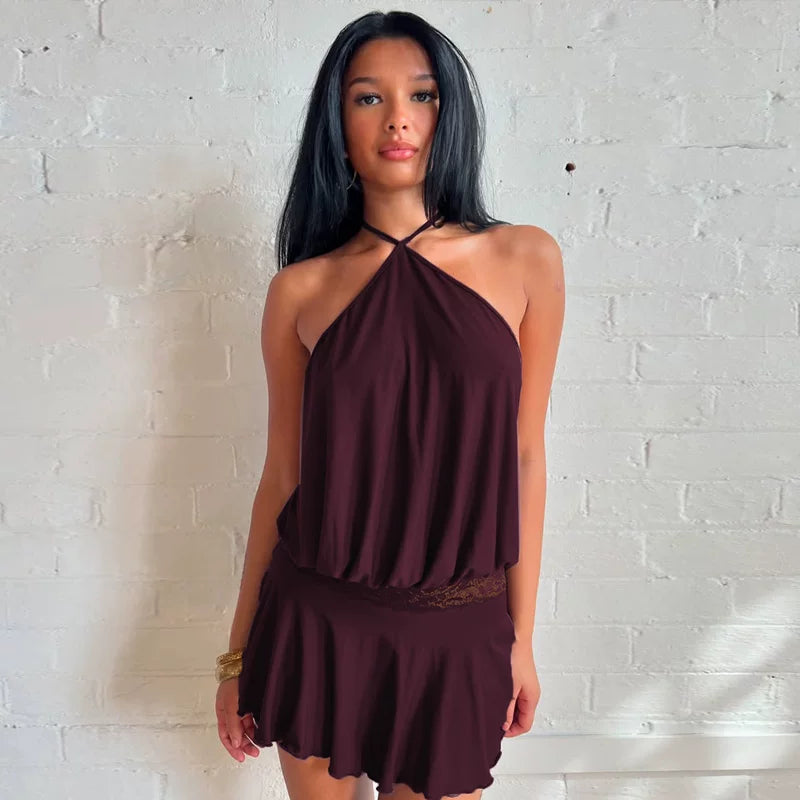 Jaghds | Halter Neck Lace Panel Dress with Open Back Design