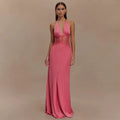 Jaghds | Elegant Halter Neck Satin Evening Dress with Lace Splicing and Draped Waist