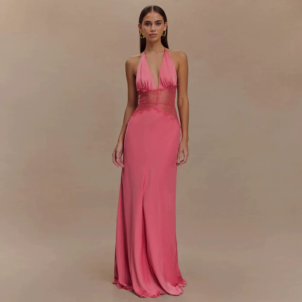 Jaghds | Elegant Halter Neck Satin Evening Dress with Lace Splicing and Draped Waist