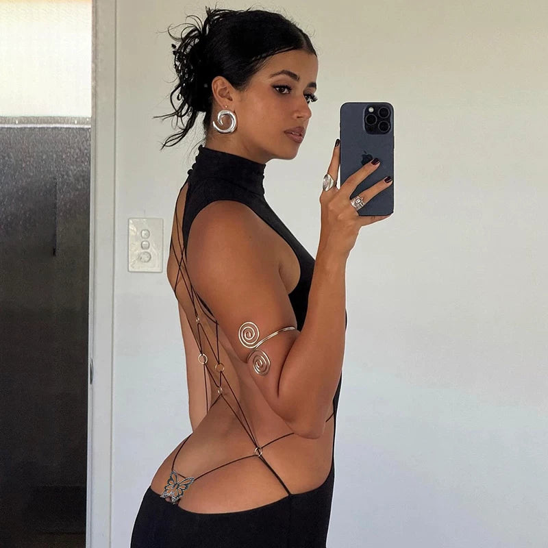 Jaghds | European and American Metal Butterfly Hollow Backless Dress with Slit Long Skirt