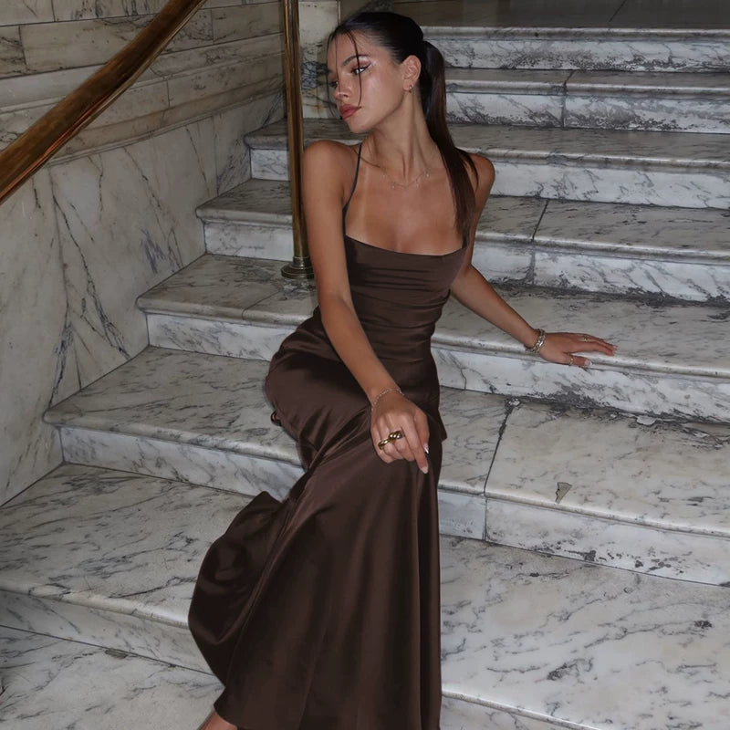 Jaghds | European Style Satin Suspender Dress with Backless Design