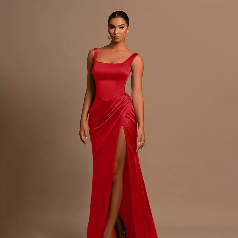 Jaghds | Square Neck Suspender Maxi Dress with Back Detail and Side Slit
