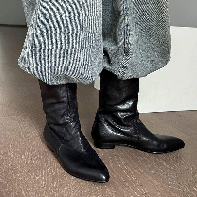 Jaghds | Pleated Pointed Toe Mid-Calf Boots for Women, Chunky Heel Autumn Winter Style