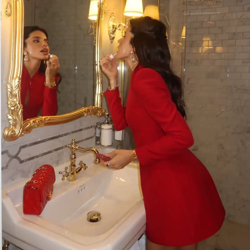 Jaghds | Slim Fit Red Long Sleeve Evening Dress with Elegant A-Line Skirt