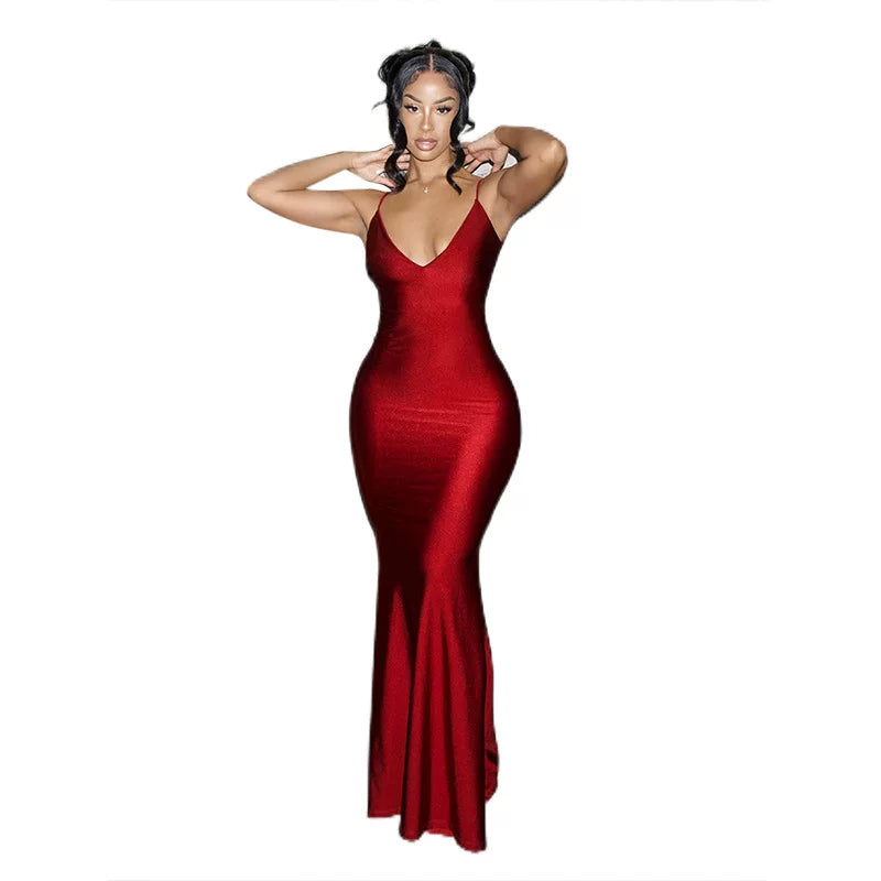 Jaghds | Temperament Red V-Neck Backless Long Dress for Women
