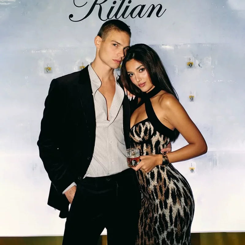 Jaghds | Women’s V-Neck Leopard Print Halterneck Long Dress