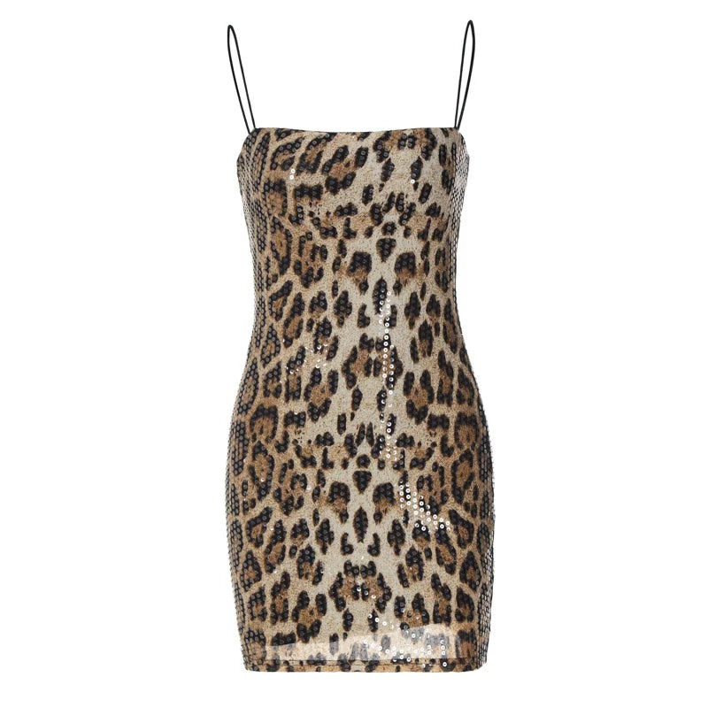 Jaghds | Women’s Summer Leopard Print Sequin Suspender Dress