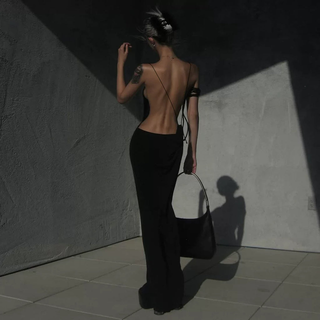 Jaghds | European Style Black Long Suspender Dress with Open Back