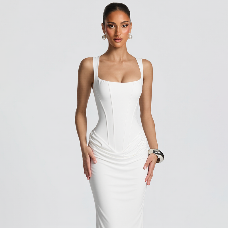 Jaghds | Women’s Satin Long Dress with Herringbone Waist Design