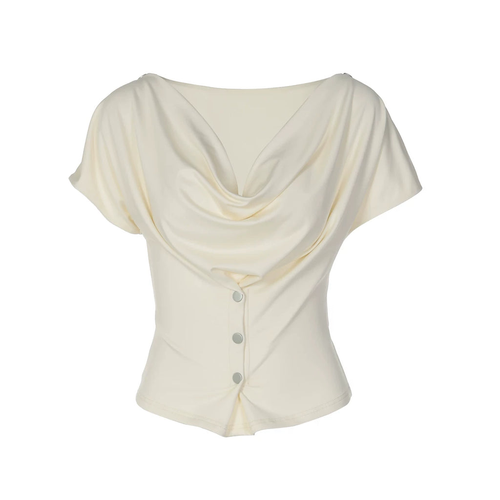 Jaghds | Short Sleeve Button Front Fitted Top for Women with Folded Collar Design