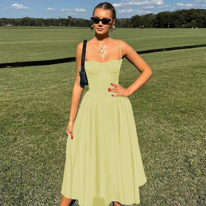 Jaghds | French Retro Solid Color Suspender Dress with High Waist Knee-Length Skirt