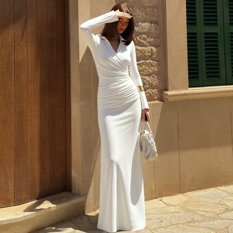 Jaghds | Cross V-Neck Pleated Long Sleeve Maxi Dress with High Waist