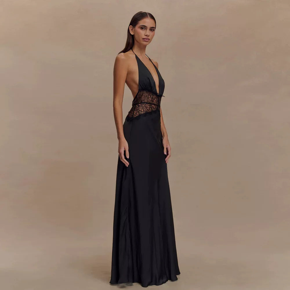 Jaghds | Elegant Halter Neck Satin Evening Dress with Lace Splicing and Draped Waist