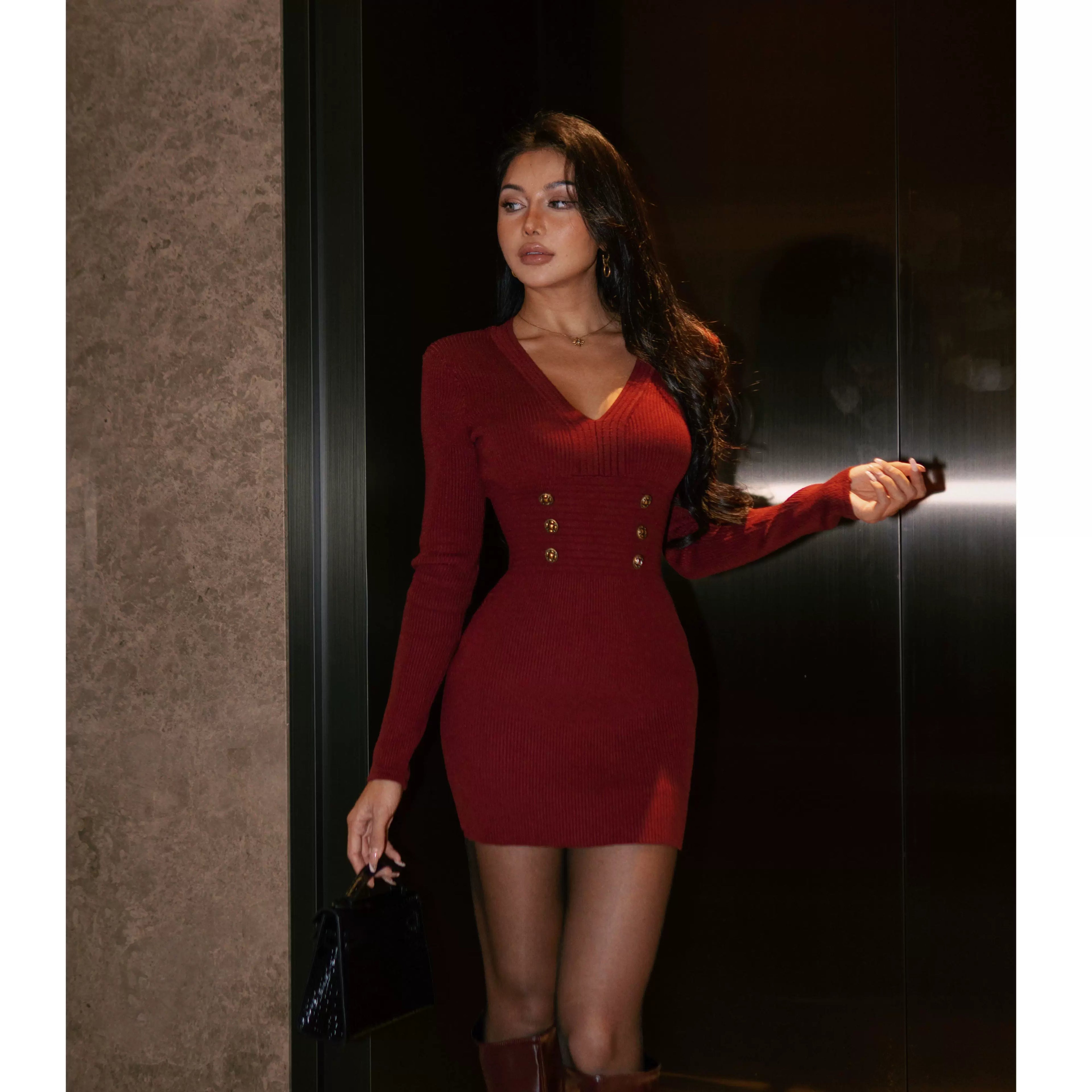 Jaghds | Plum Red Long Sleeve Retro Dress with Slim Fit Silhouette