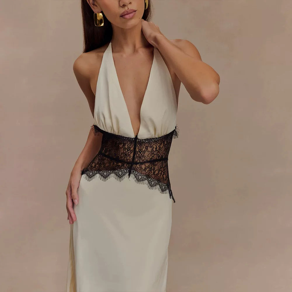 Jaghds | Elegant Halter Neck Satin Evening Dress with Lace Splicing and Draped Waist