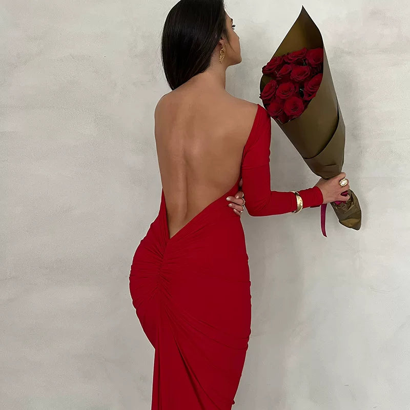 Jaghds | Women’s Backless Long-Sleeved Pleated Dress in Solid Color