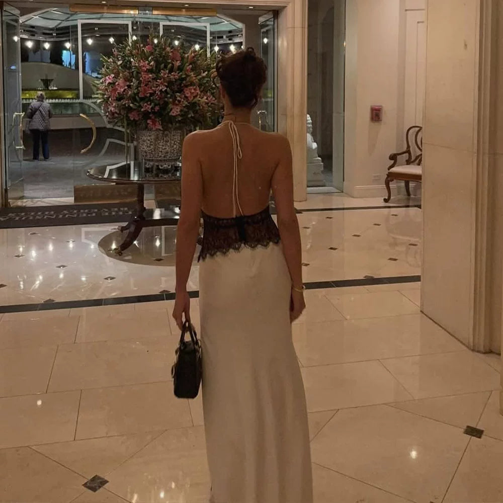 Jaghds | Elegant Halter Neck Satin Evening Dress with Lace Splicing and Draped Waist