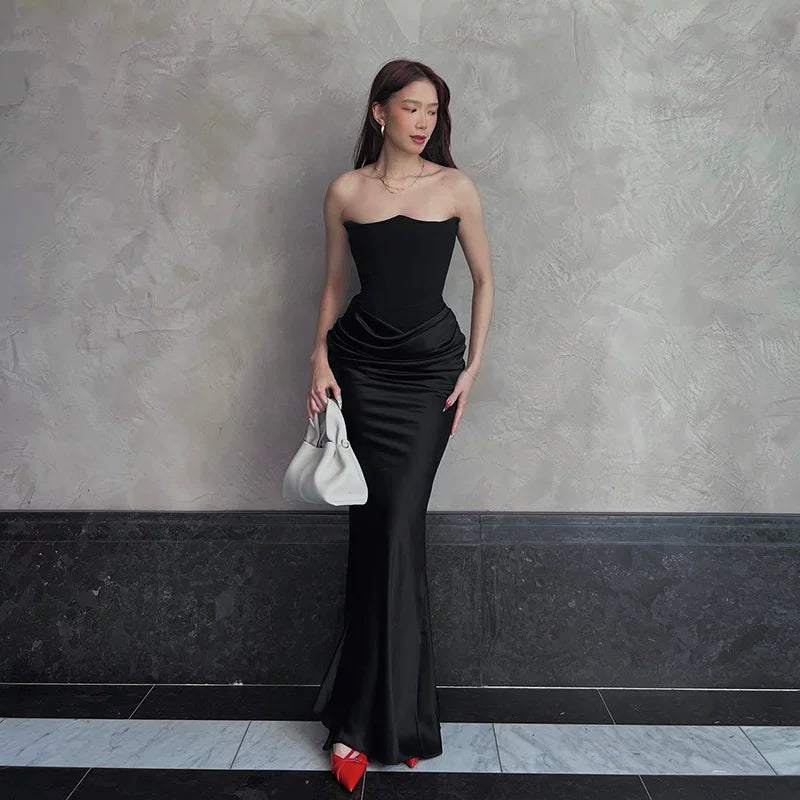 Jaghds | High-End European and American Fishbone Corseted Tube Top Dress with Gold Detail