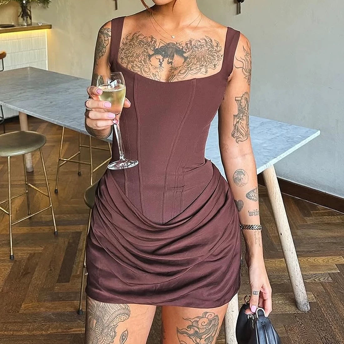 Jaghds | Elegant Square Neck Suspender Dress for Autumn Wear