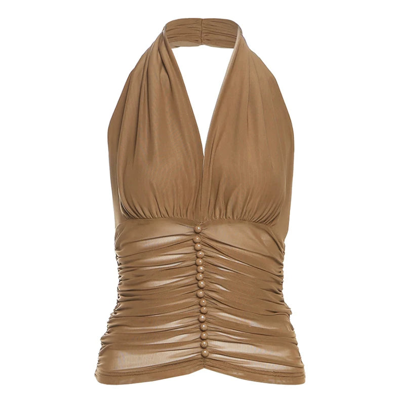 Jaghds | Retro V-Neck Halter Top for Women with Pleated Slim Fit Design