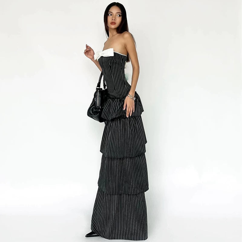 Jaghds | Contrast Bow Strapless Maxi Dress with Vertical Pattern and Slit