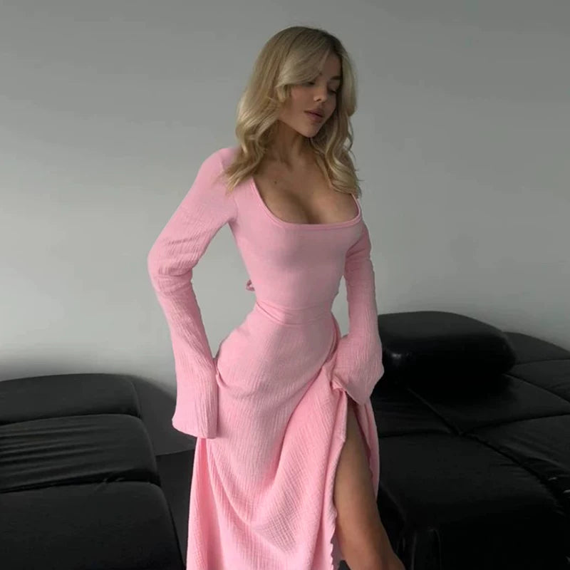 Jaghds | European and American Square Neck Long-Sleeved Dress with Lace-Up Slit for Women 2026